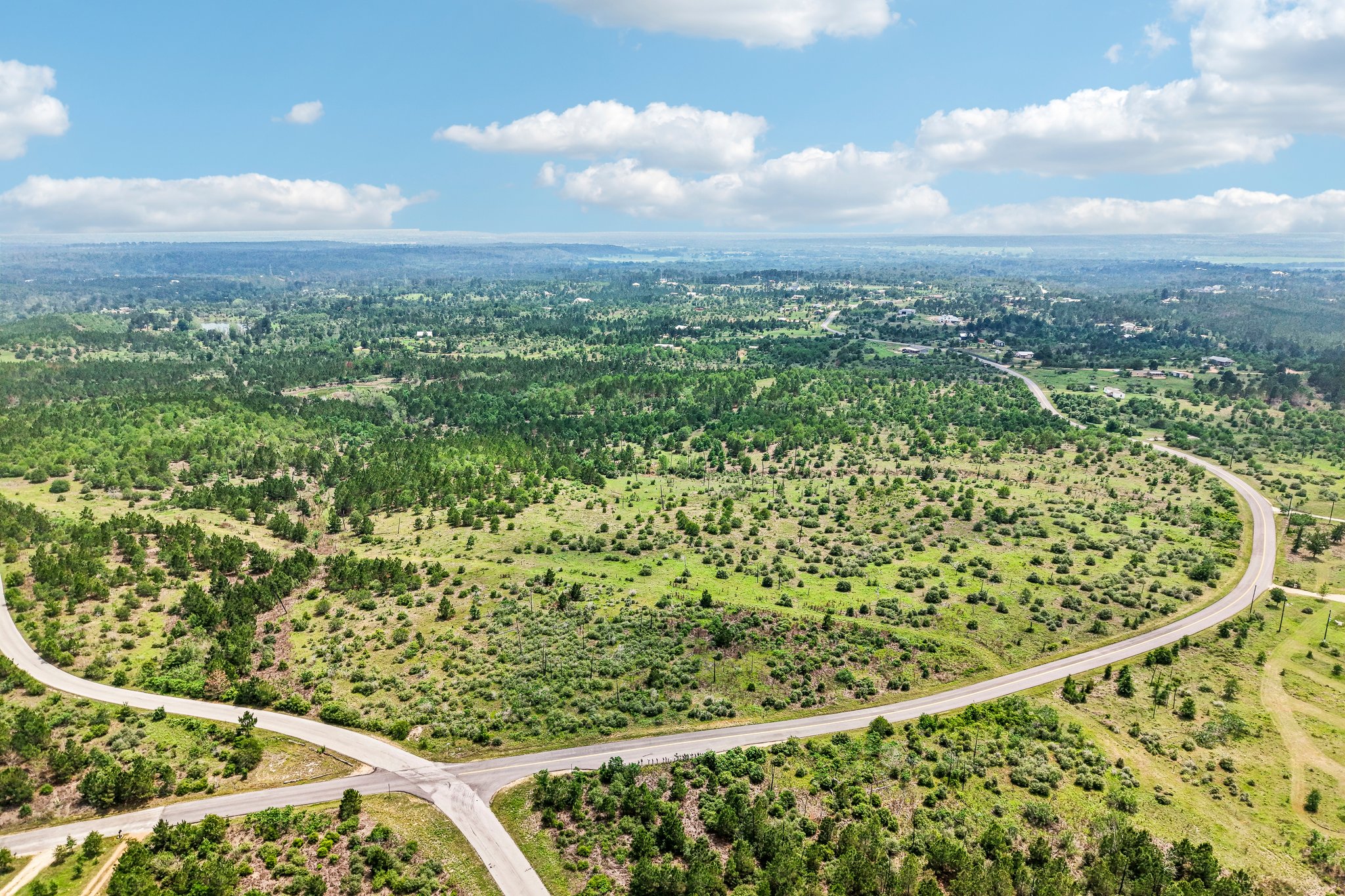 1 Cottle Town Road Smithville, TX 78957 - Photo 2 of 4 Expansive natural landscape featuring a curved paved road, interspersed evergreen trees, varied ground cover, and distant tree lines under a clear sky