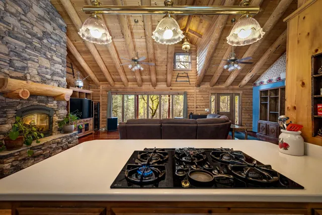 a kitchen with a table and a stove