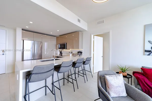 a view of a dining room with furniture
