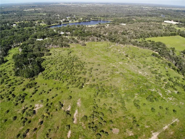 an aerial view of residential houses with outdoor space and trees