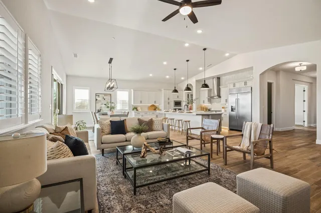 a view of a dining room with furniture