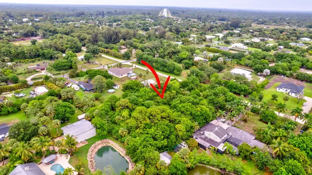 an aerial view of residential houses with outdoor space and trees