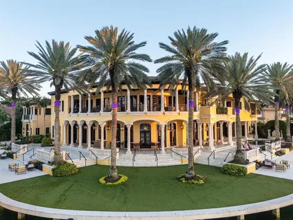an outdoor space with a chandelier