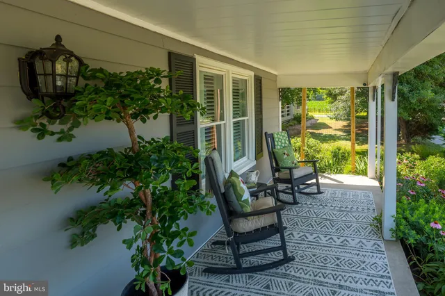 a garden view with a seating space