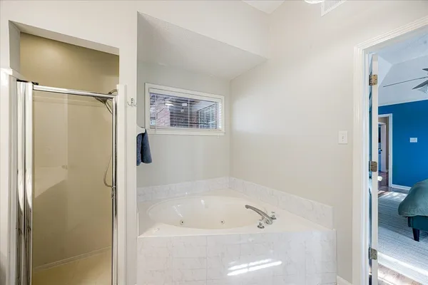 a bathroom with a bathtub and a shower