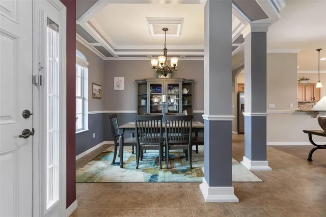 a view of a dining room with furniture window and outside view
