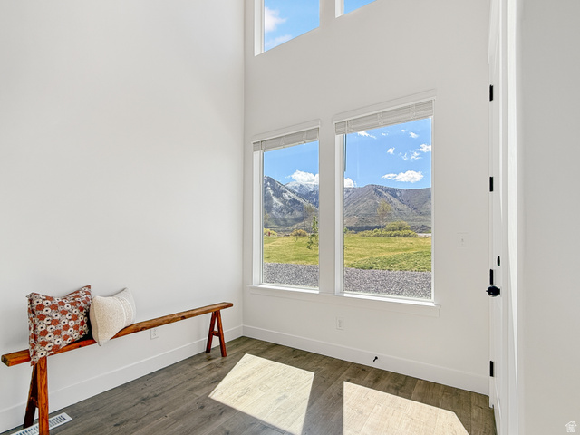 641 Desert Willow Drive Mapleton, UT 84664 - Photo 4 of 41 Interior space with dark wood-style flooring, a high ceiling, and a mountain view