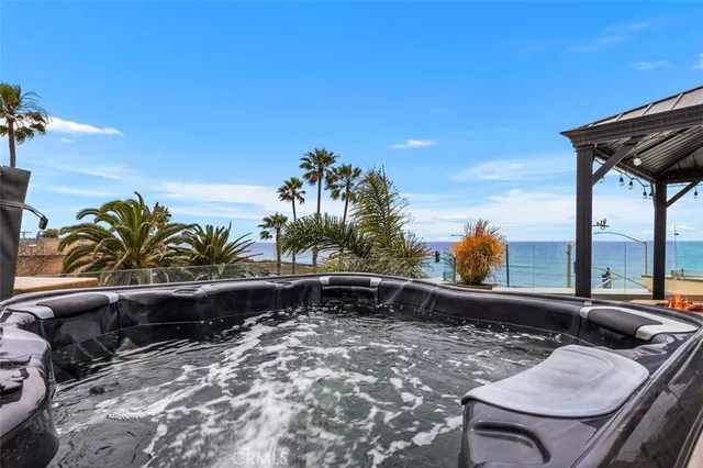 a view of a patio with swimming pool