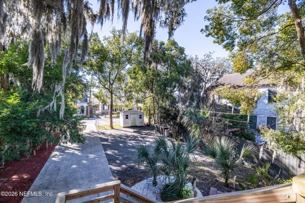 a view of a yard with plants and trees