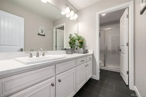 a bathroom with a double vanity sink mirror and shower