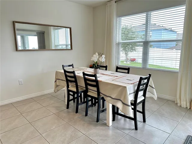 a view of a dining room with furniture and window