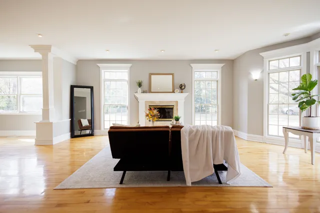 a living room with furniture and a fireplace