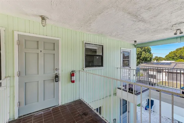 a view of a balcony from door