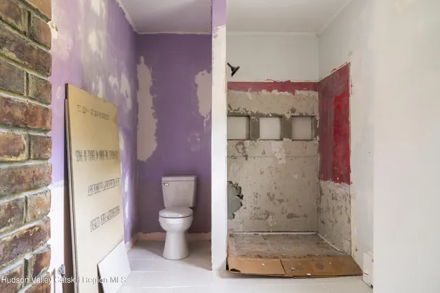 a bathroom with a granite countertop shower and a toilet