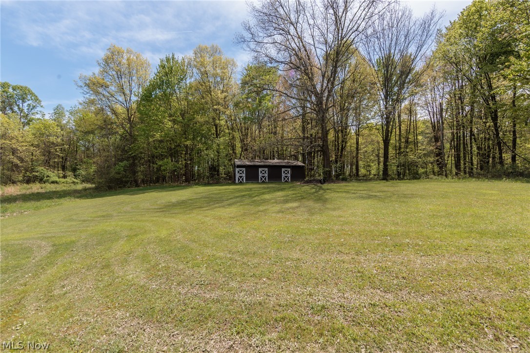 2170 Norton Road Stow, OH 44224 - Photo 17 of 48 Expansive grassy area featuring a dark-toned storage shed with white trim and X-shaped details