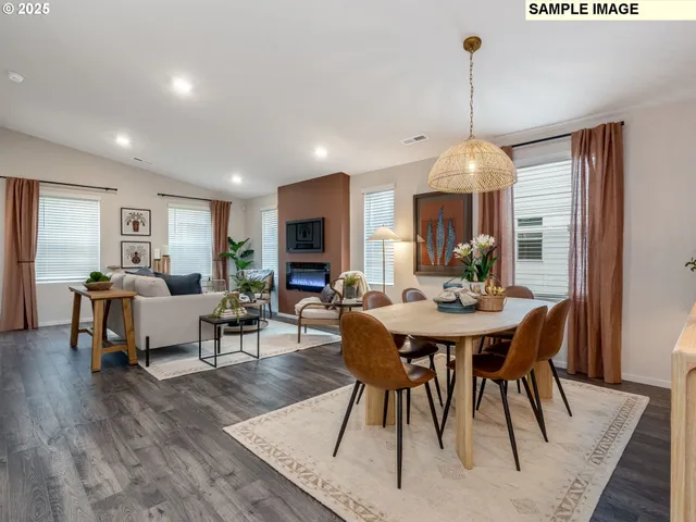 a view of a dining room with furniture