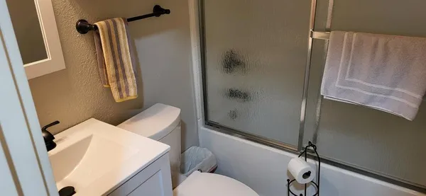 a bathroom with a toilet and a shower