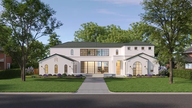 a view of house with a yard and large trees