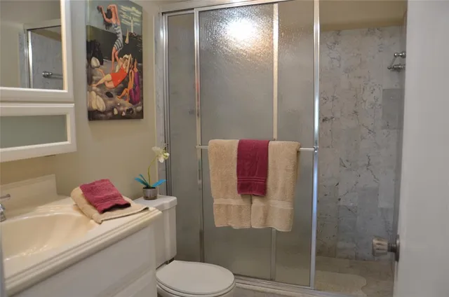 a bathroom with a shower and toilet