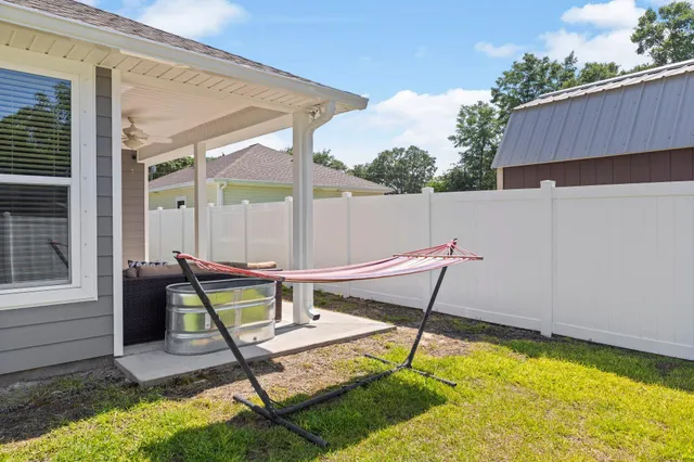 a garden view with a seating space