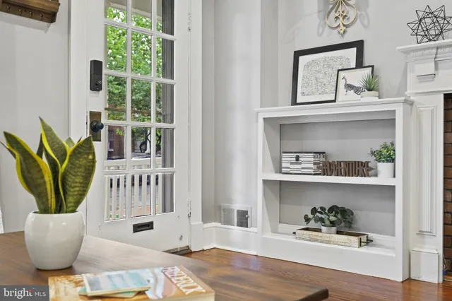 a living room with furniture and a potted plant