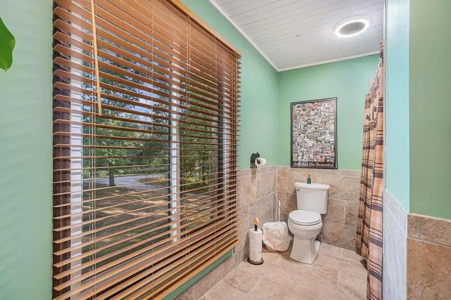 a bathroom with a toilet and a shower curtain
