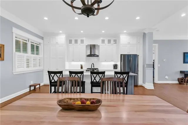 a view of a dining room with furniture