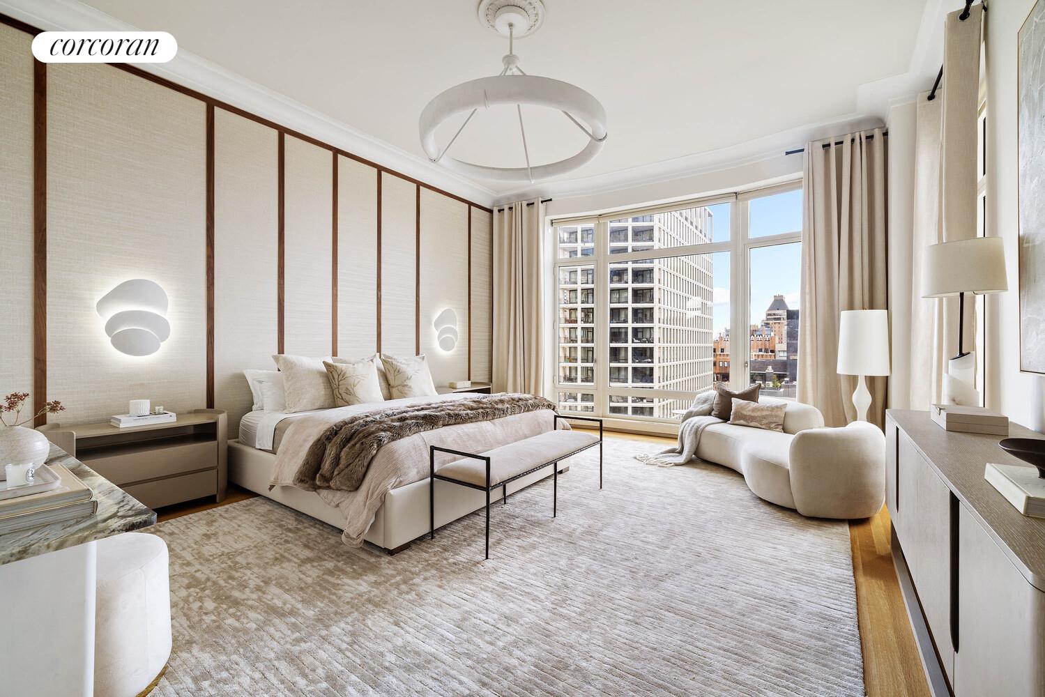 15 Central Park West, Unit 27D Manhattan, NY 10023 - Photo 19 of 30 a spacious bedroom with a bed and glass window
