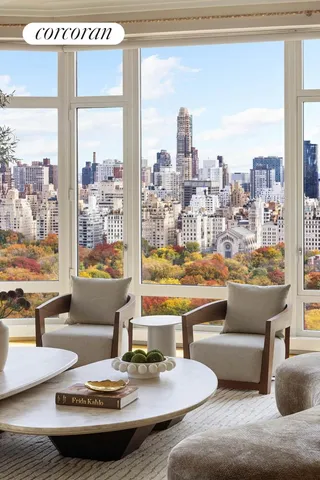 a living room with furniture and a floor to ceiling window