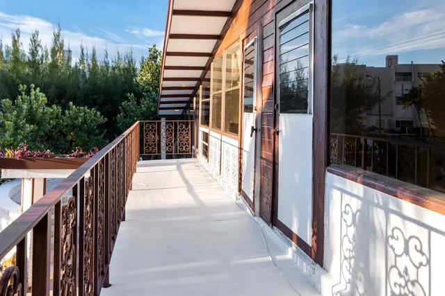 a view of a backyard with large trees