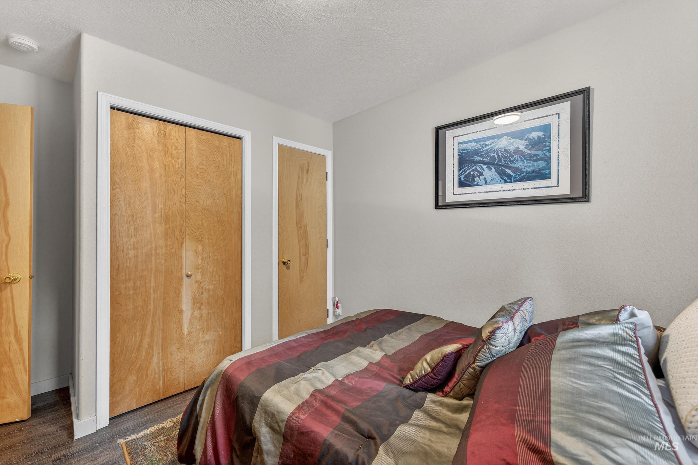 1801 Carico Road McCall, ID 83638 - Photo 16 of 30 Bedroom with dark wood-style floors, a closet, and a textured ceiling