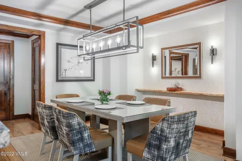 a view of a dining room with furniture