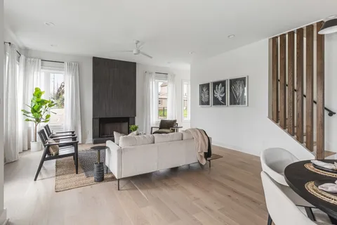 a living room with furniture and a potted plant