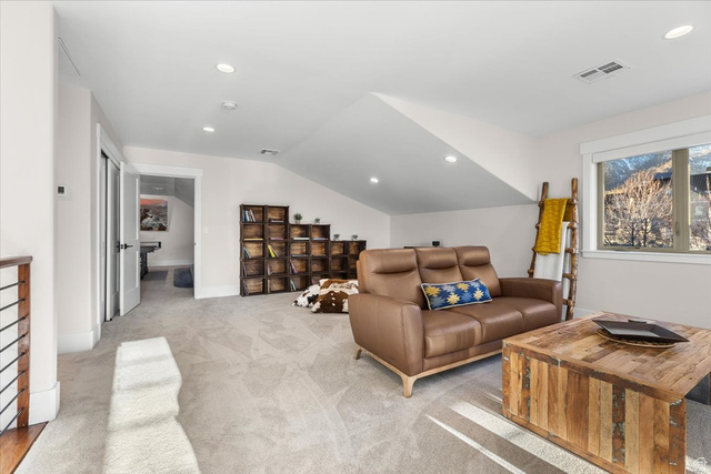 1210 East Bristle Cone Road Pine Valley, UT 84781 - Photo 23 of 54 Loft Family Room with vaulted ceiling, light carpet, and recessed lighting
