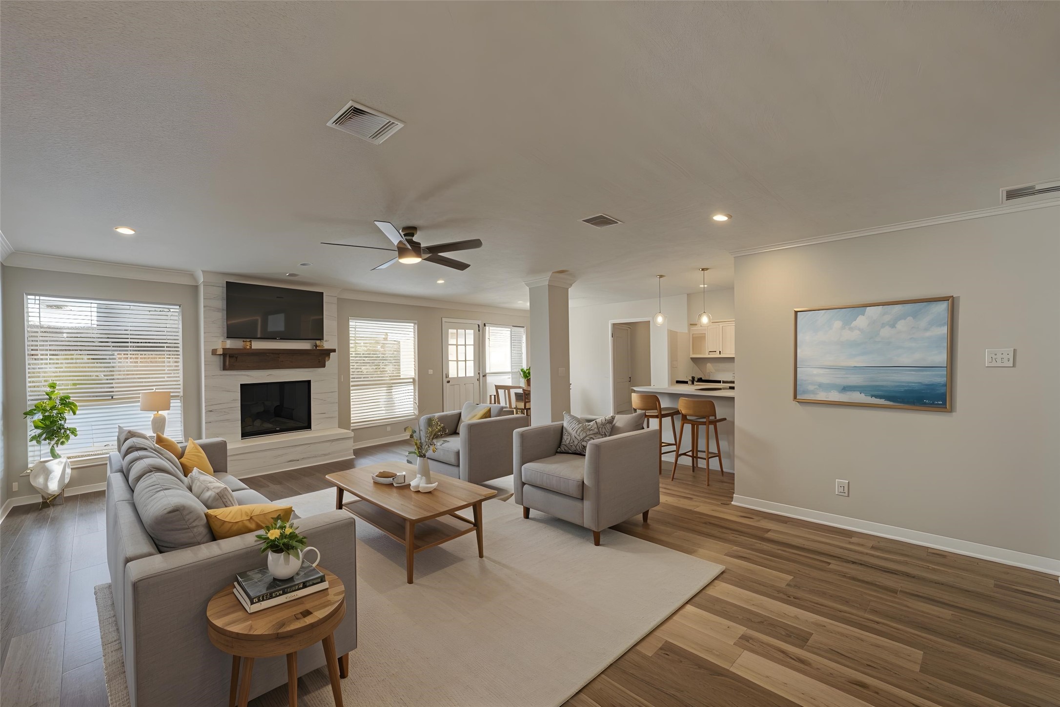 12015 Laneview Drive Houston, TX 77070 - Photo 8 of 40 a living room with furniture a fireplace and a flat screen tv
