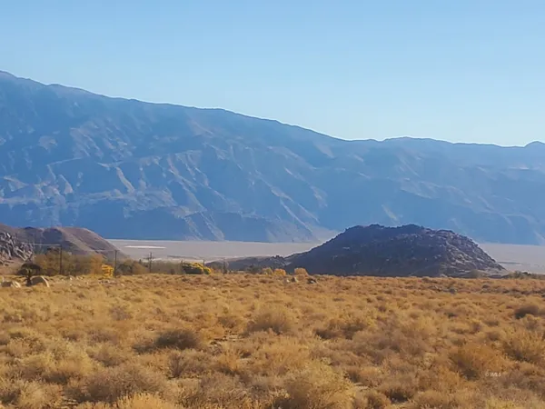 a view of a dry yard with mountain view