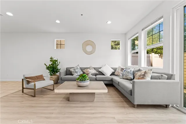 a living room with furniture and a potted plant