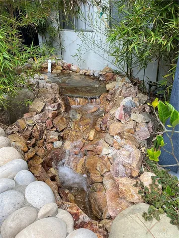 a view of a backyard with plants and tree