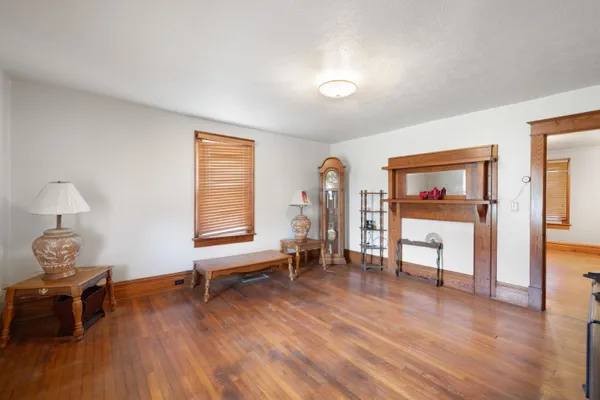 a living room with a fireplace