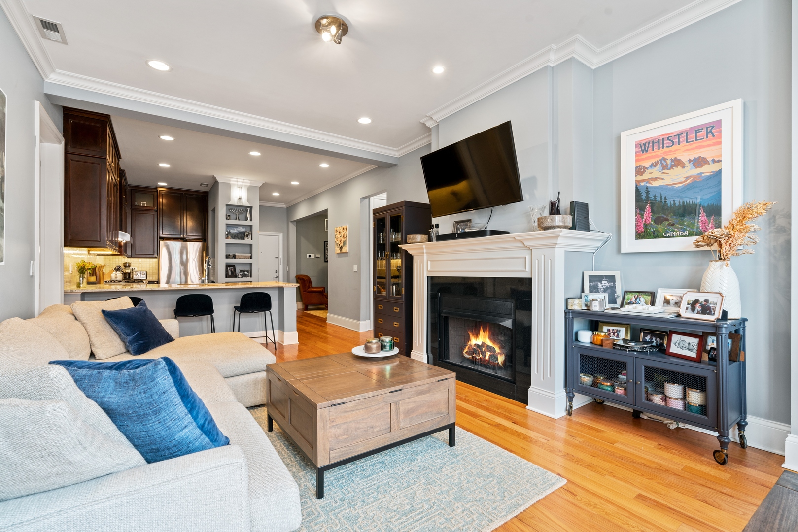 2221 West Belmont Avenue, Unit 301 Chicago, IL 60618 - Photo 8 of 19 a living room with furniture a fireplace and a flat screen tv