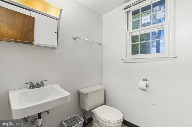 a bathroom with a sink a toilet and mirror