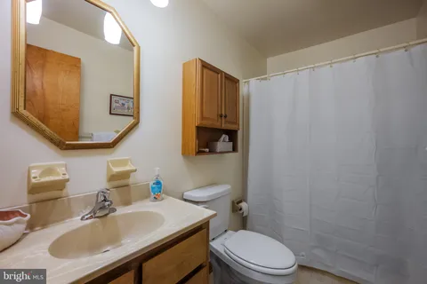 a bathroom with a sink a toilet and shower curtain
