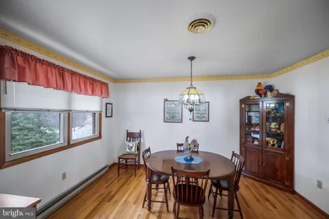 a view of a dining room with furniture window and wooden floor