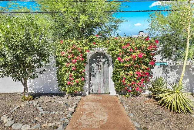 a couple of flower plants in front of door
