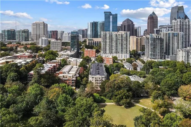 a view of a city with tall buildings