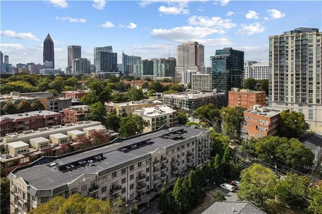 a city view with tall buildings