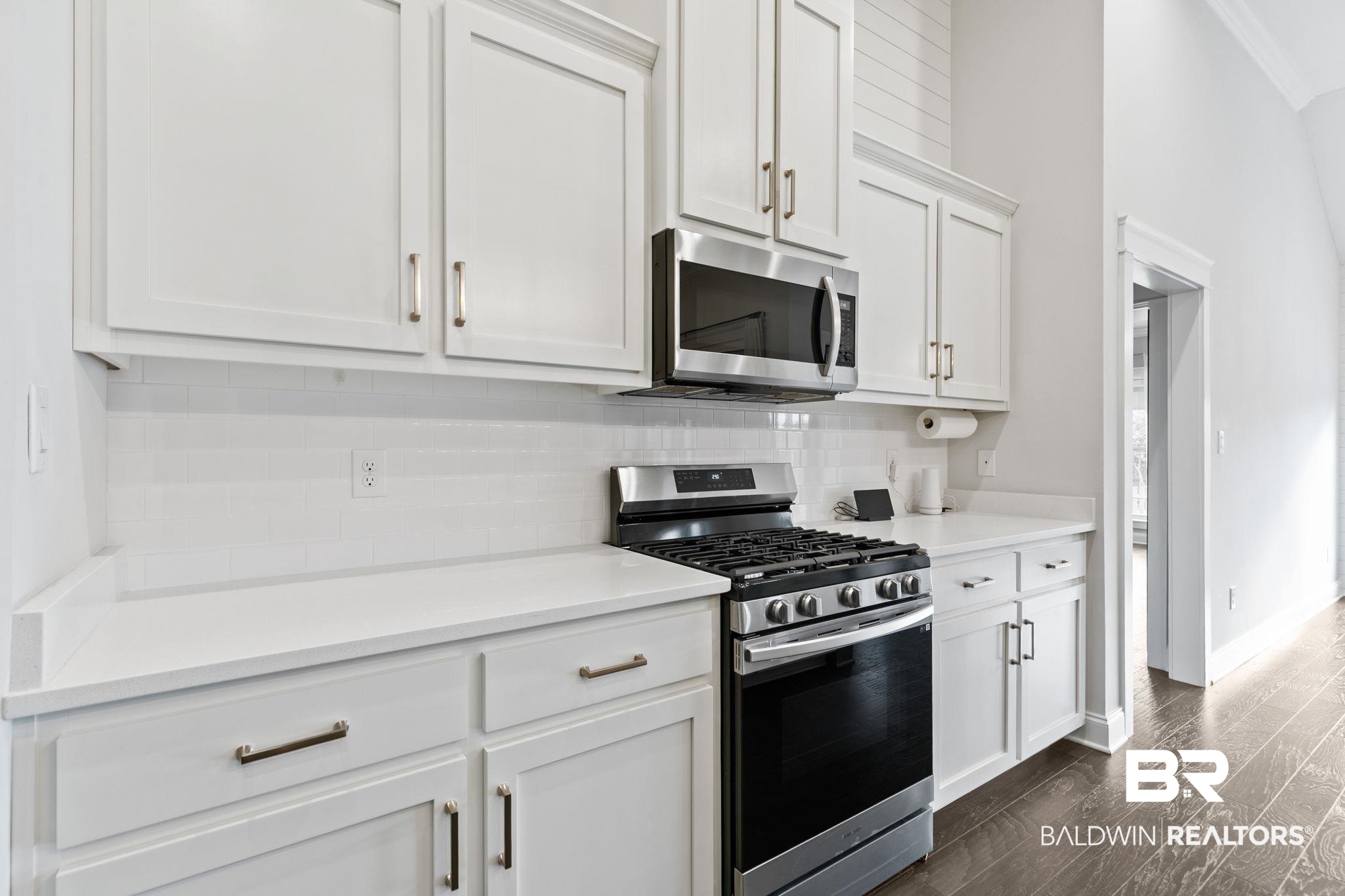31654 Canopy Loop Daphne, AL 36527 - Photo 18 of 64 Kitchen featuring stainless steel appliances, white cabinets, tasteful backsplash, dark wood-style floors, and light stone countertops
