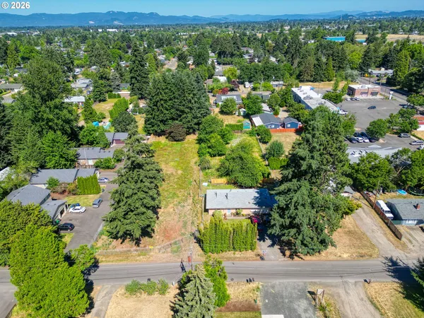 an aerial view of residential houses with outdoor space and trees