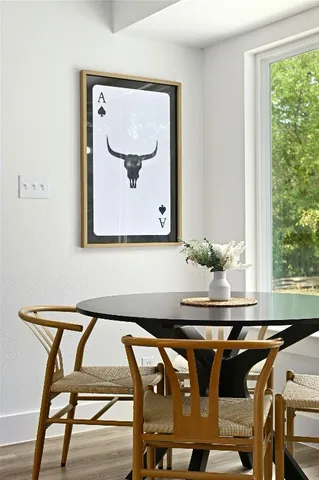 a view of a dining area with furniture and window