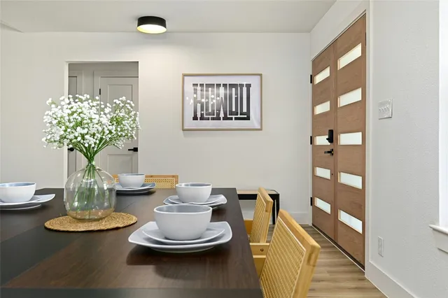 a view of a dining room with furniture